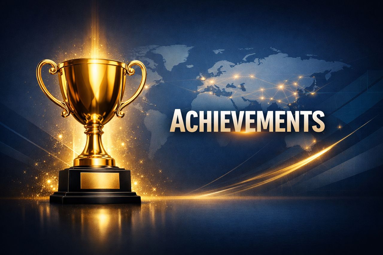 Golden trophy glowing against a deep blue background with a world map and the word ACHIEVEMENTS, representing global recognition in the garment industry